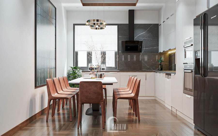 Mọi tiện ghi, cây xanh, tranh nghệ thuận được gói gọn trong phòng bếp